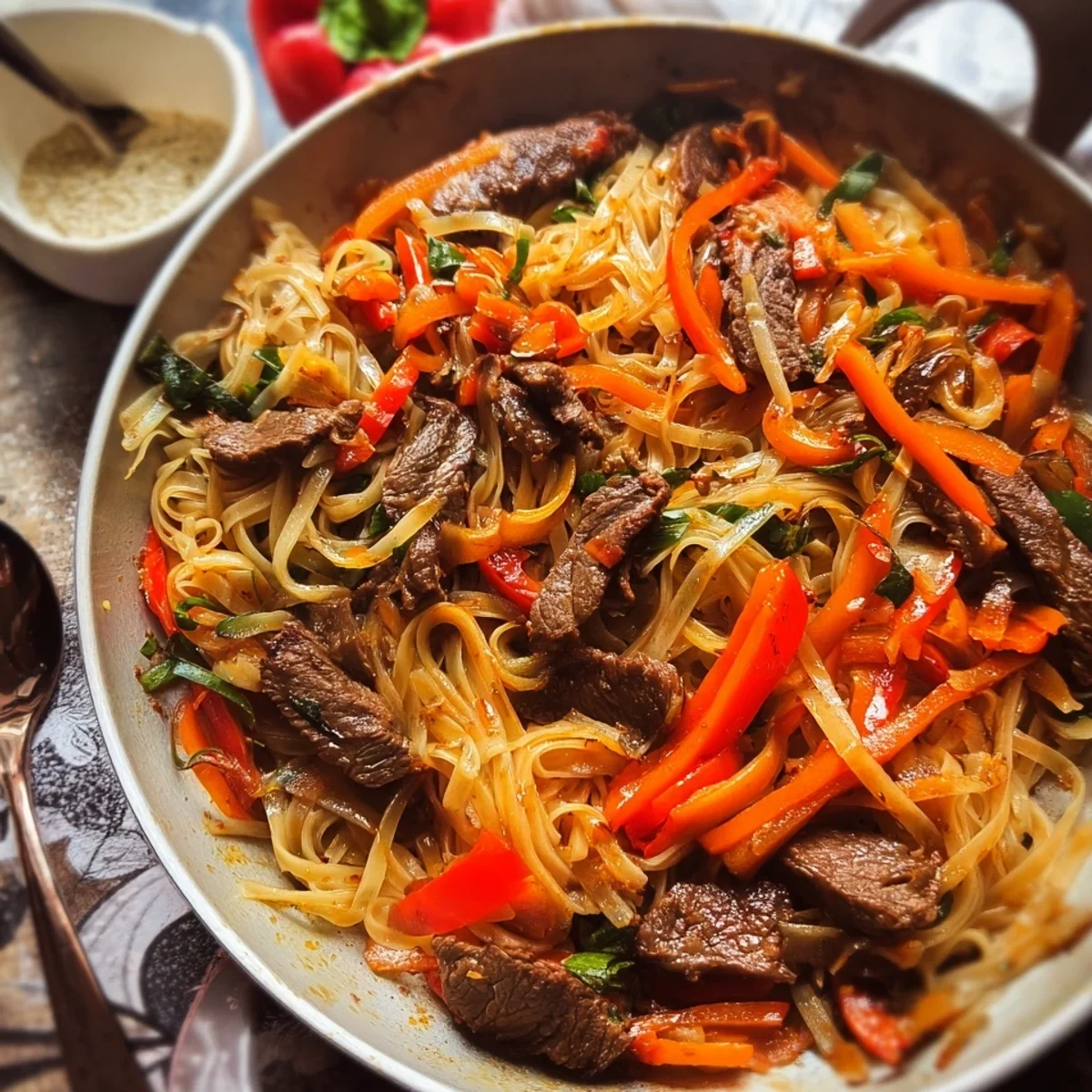 Asiatische Reisnudeln mit Rindfleisch & knackigem Gemüse