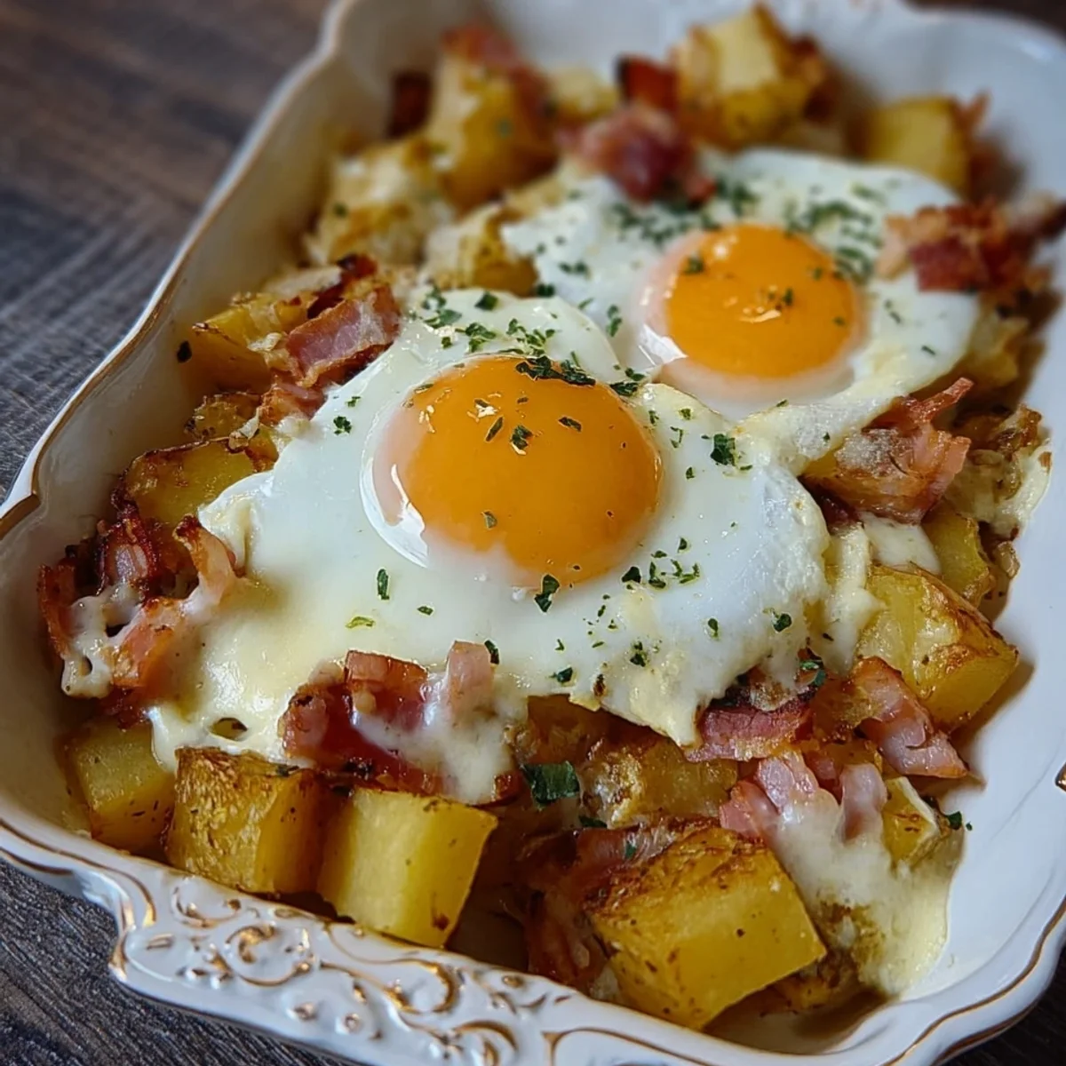 Bratkartoffel Leberkäse Auflauf mit Spiegelei