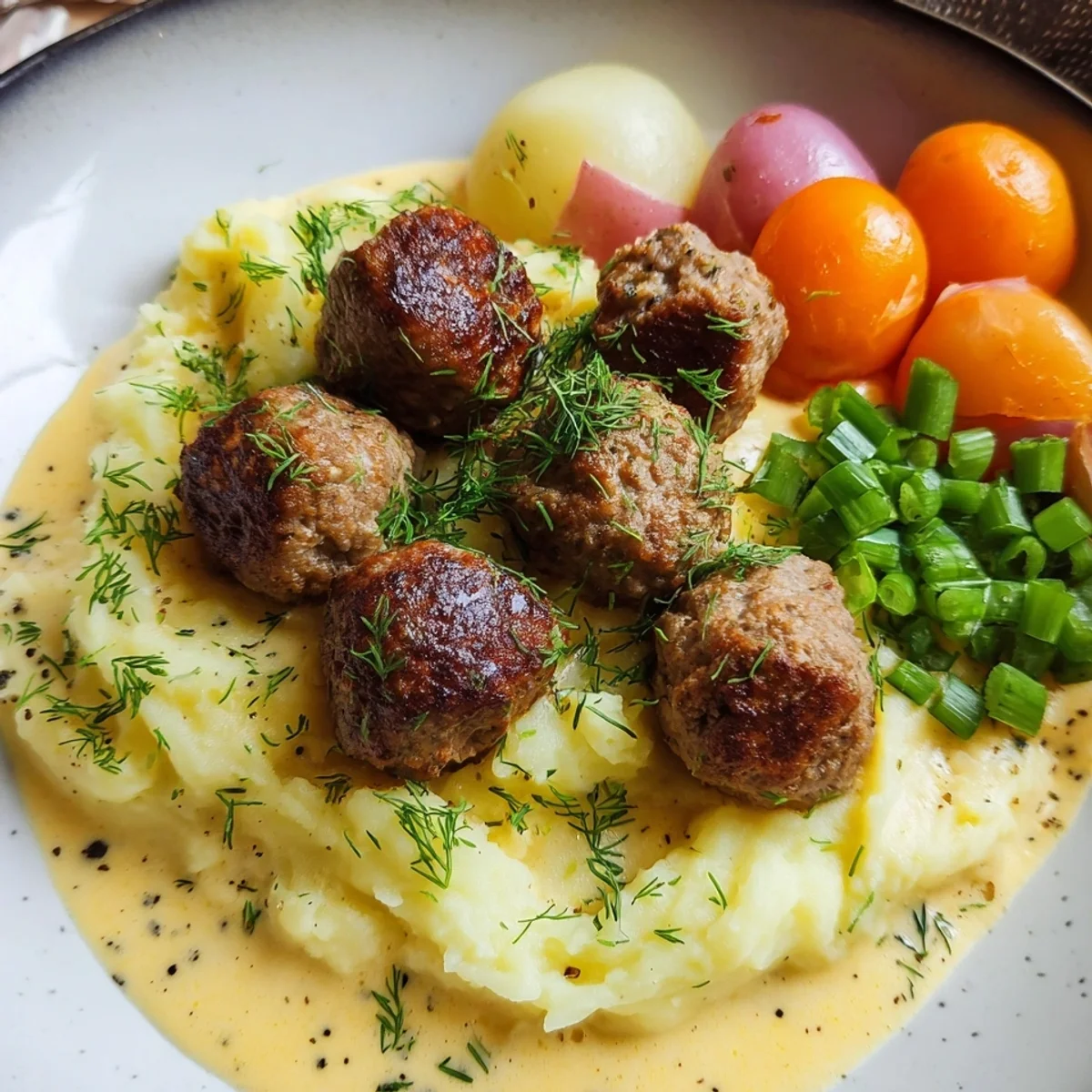 Cremiges Kartoffelpü mit Wikinger Soße & Hackbällchen
