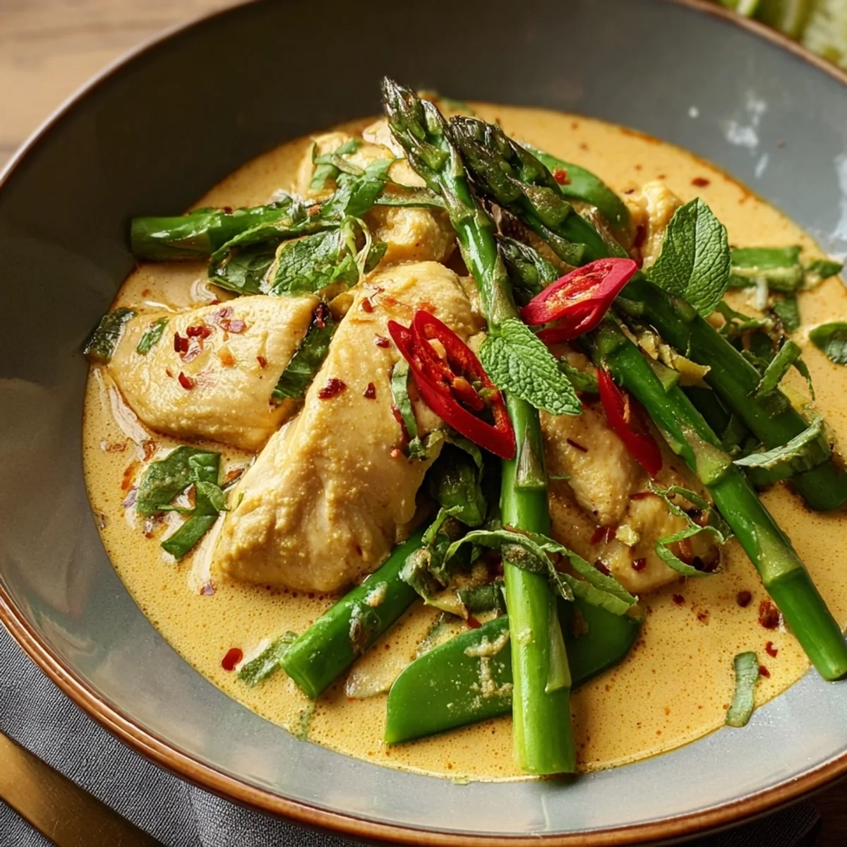 Curry-Huhn mit grünem Spargel: Authentisch Thai