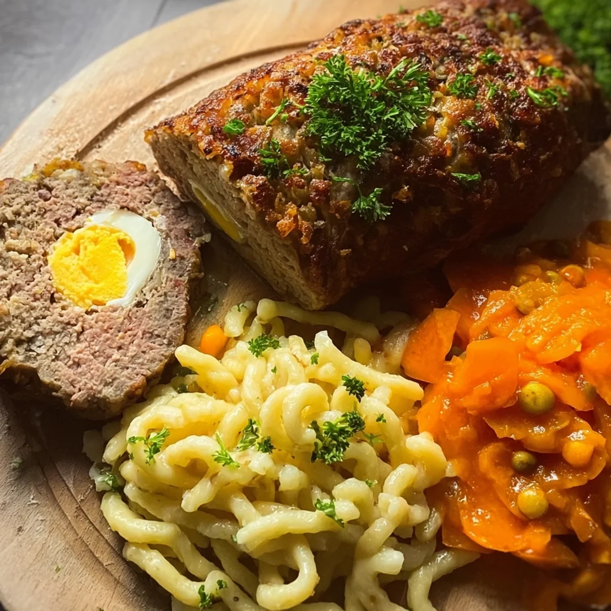 Falscher Hase mit glasierten Möhren & Spätzle