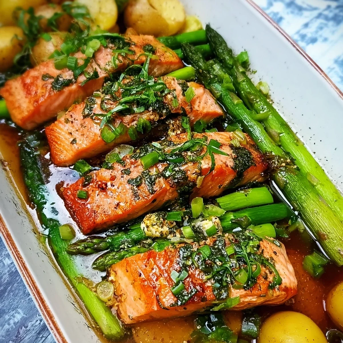 Lachsfilet gefüllt mit Spargel & Kartoffeln in Brühe