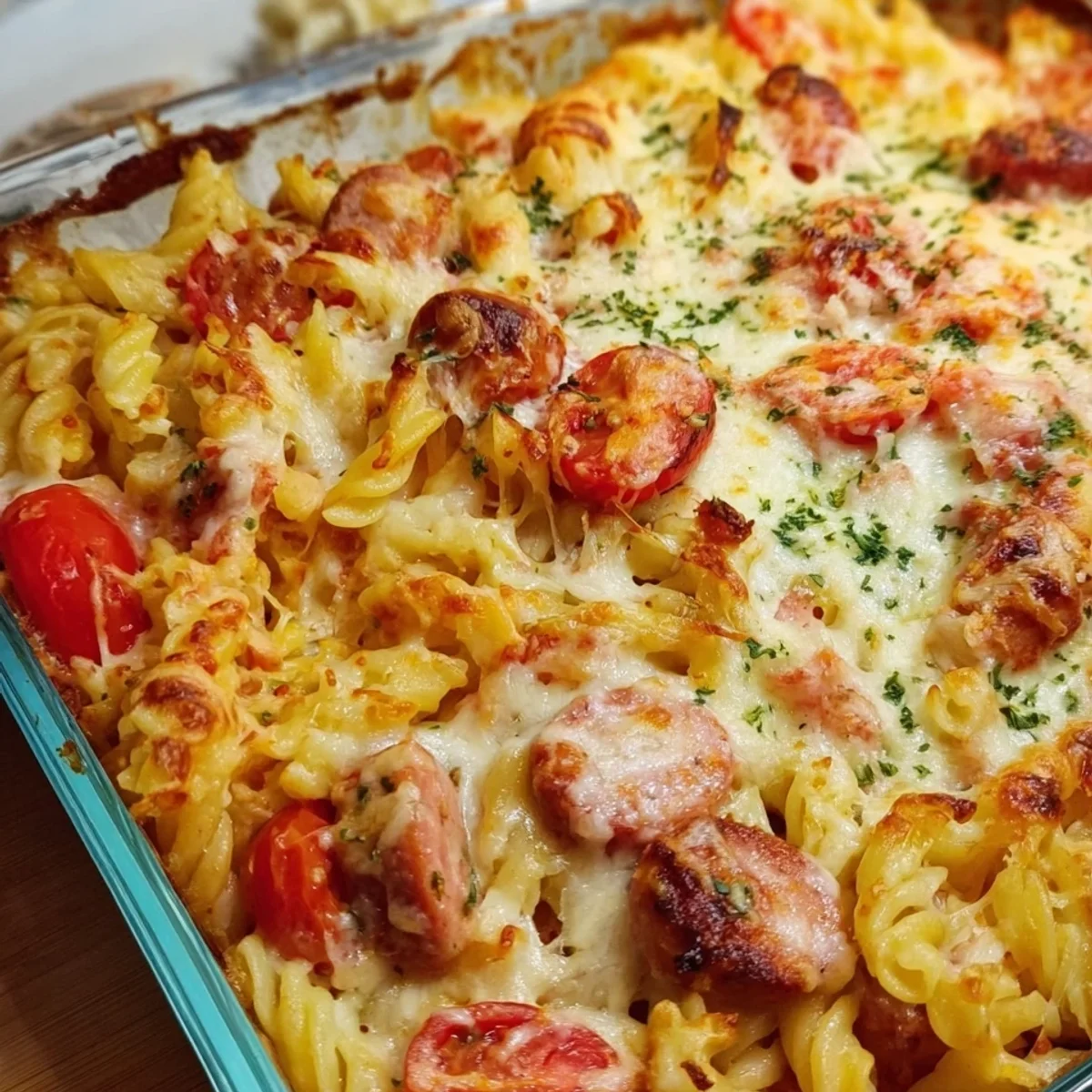 Nudel-Würstchen-Auflauf mit Tomaten & Käsekruste