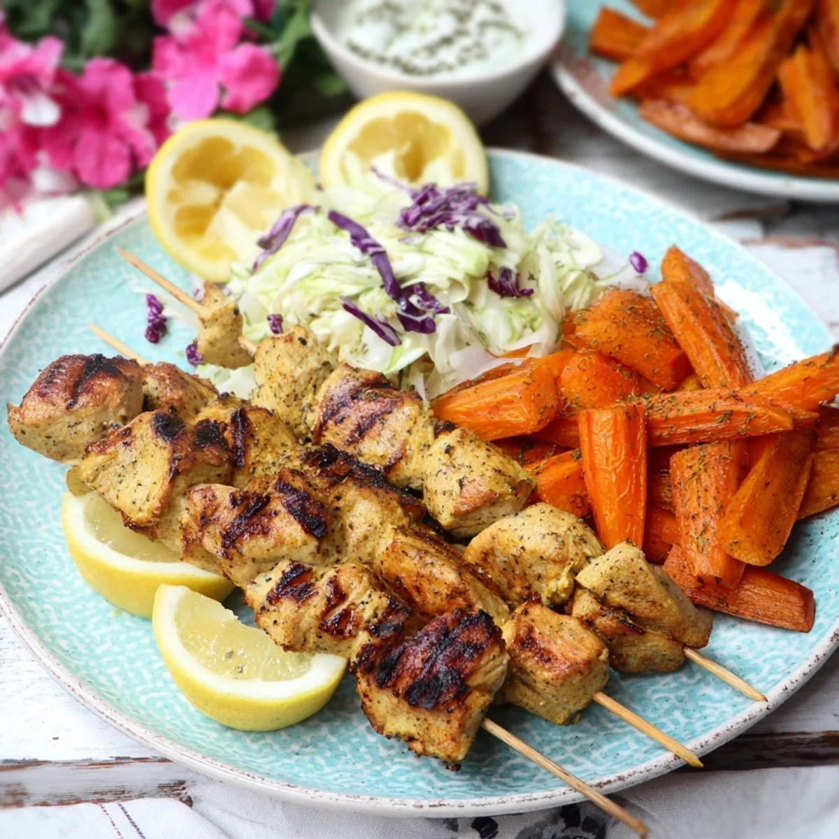 Puten-Souvlaki mit Röstkarotten & Spitzkohlsalat