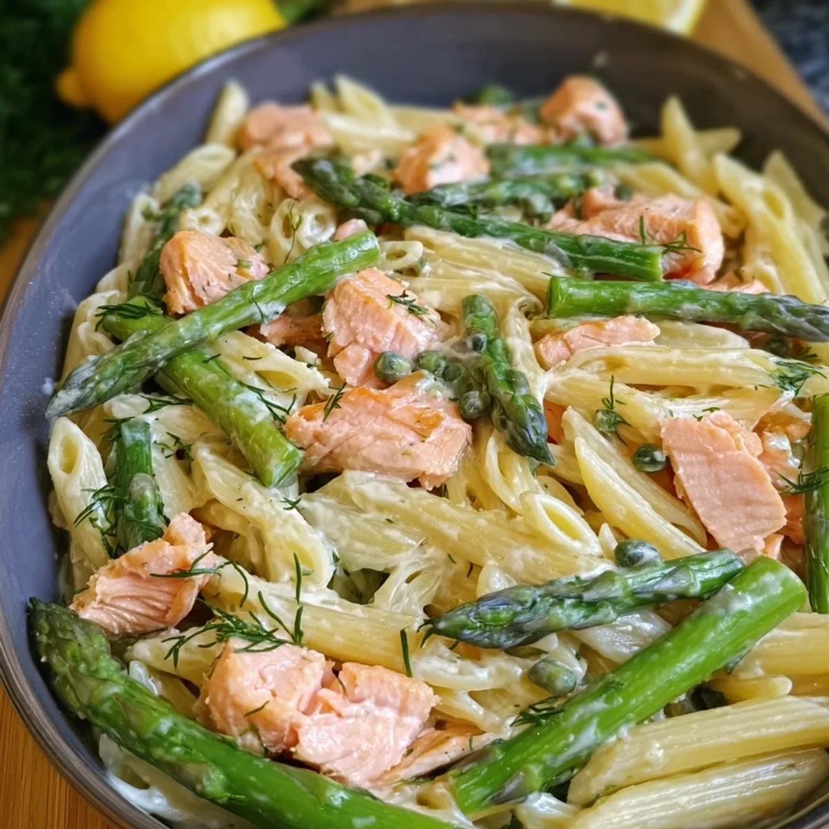 Schnelle Spargel Pasta mit Lachs aus dem Ofen