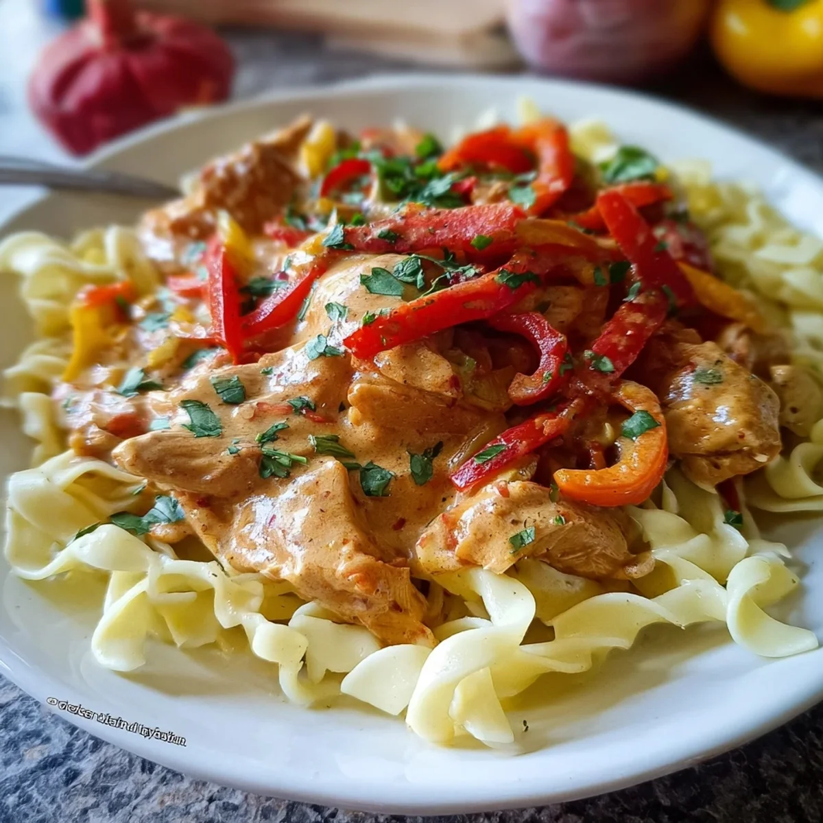Schnelles Paprika Sahne Hähnchen mit Bandnudeln