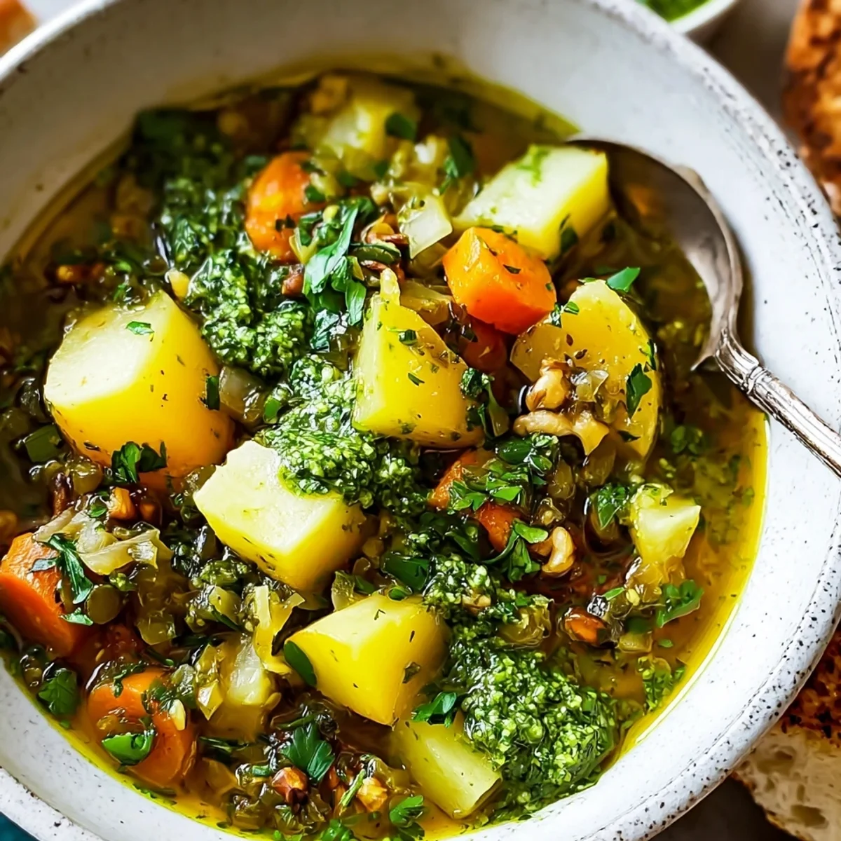 Veganer Kartoffel-Gemüse-Topf mit frischem Petersilienpesto