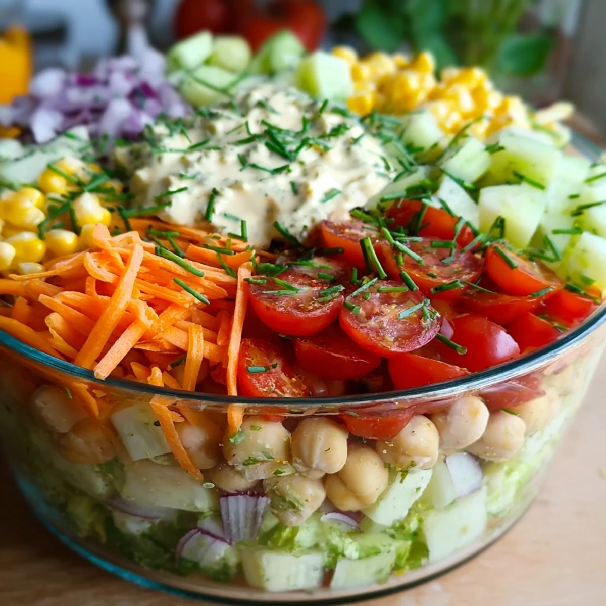 Veganer Schichtsalat: Cremig, Schnell & Partyfreundlich