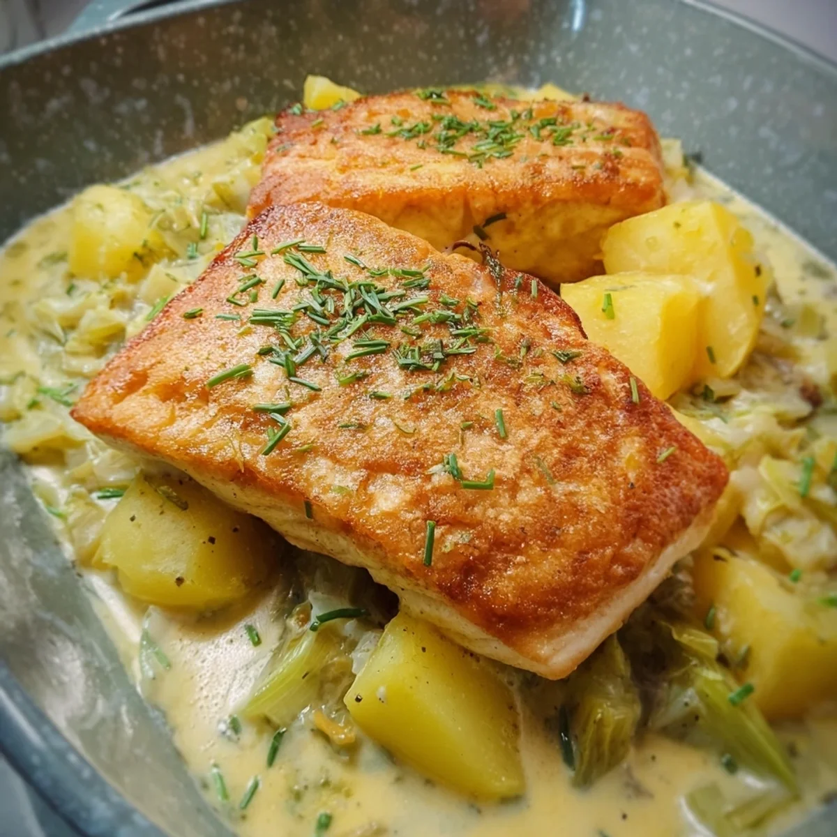 Zartes Gebratenes Seelachsfilet mit Lauch-Sahne-Soße