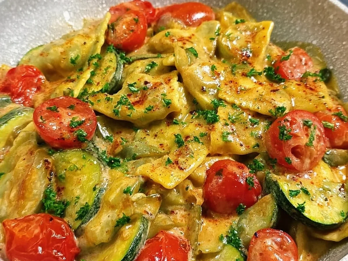 Cremige Maultaschenpfanne mit Zucchini & Tomaten - Bild 1