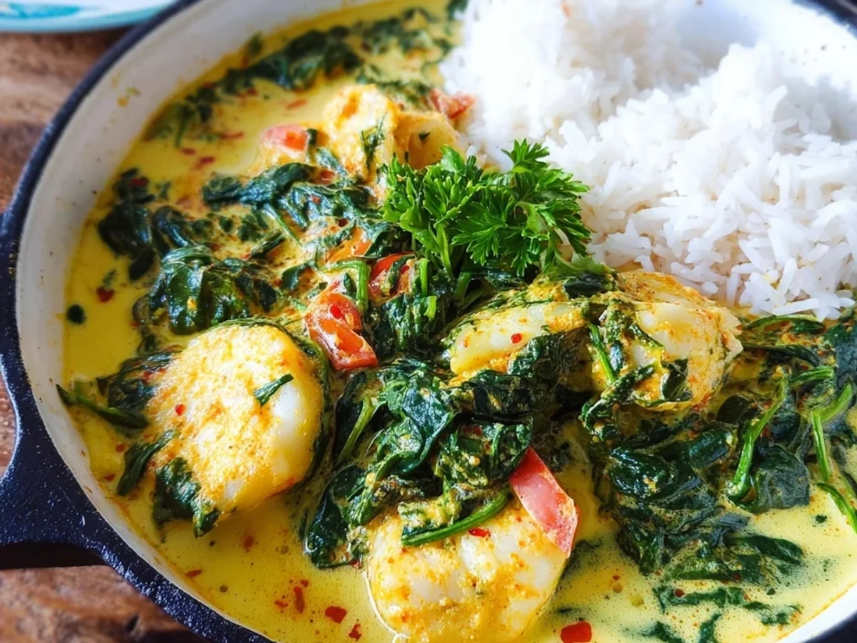 Gelbes Fischcurry mit Spinat und Reis - Bild 1