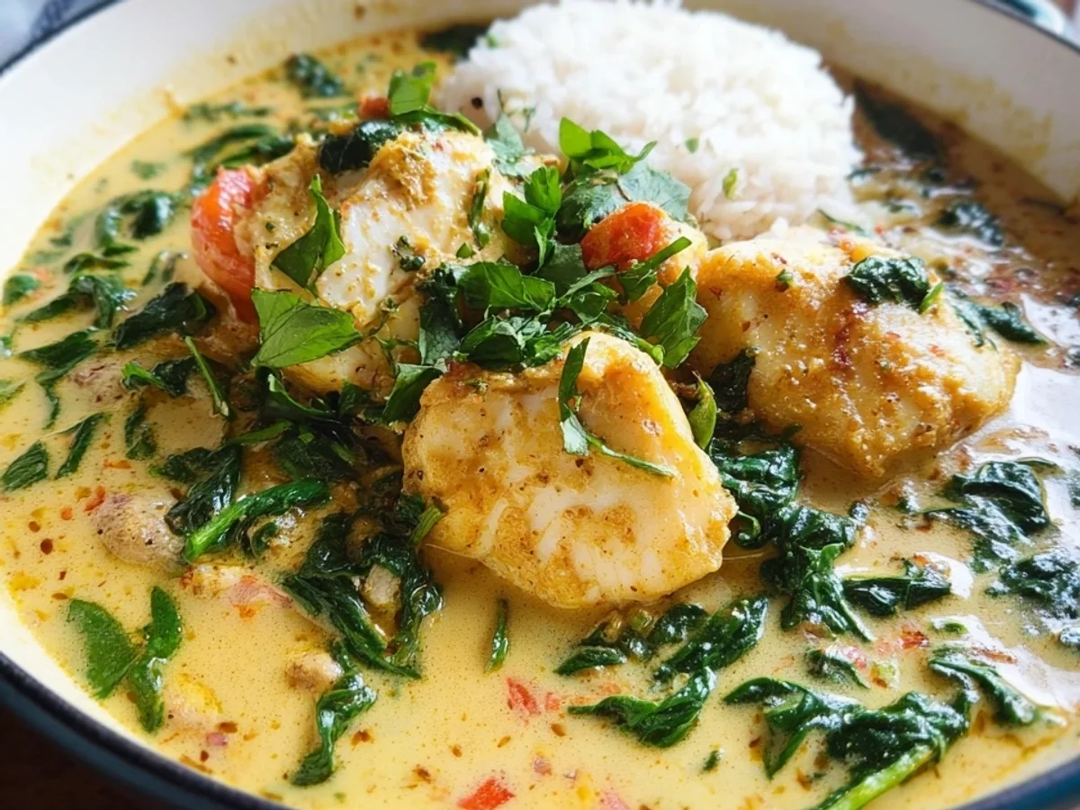 Gelbes Fischcurry mit Spinat und Reis - Bild 2