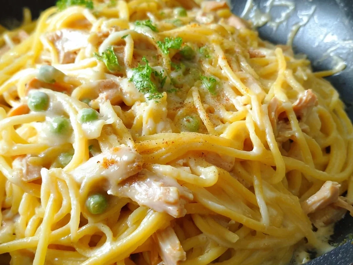 One Pot Spaghetti mit Putenstreifen in cremiger Sahnesoße - Bild 1