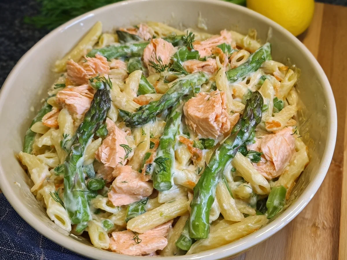 Schnelle Spargel Pasta mit Lachs aus dem Ofen - Bild 1