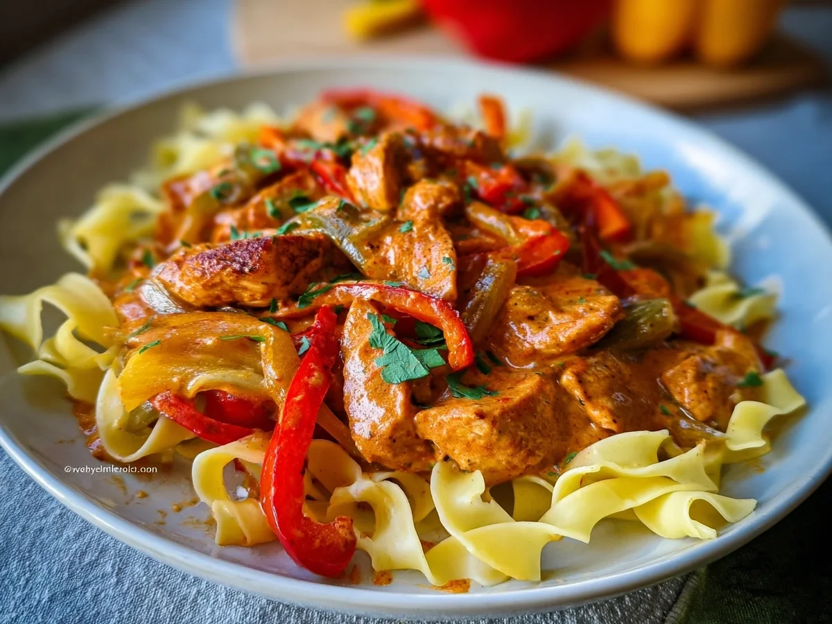Schnelles Paprika Sahne Hähnchen mit Bandnudeln - Bild 1