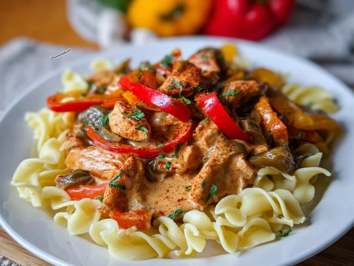 Schnelles Paprika Sahne Hähnchen mit Bandnudeln - Bild 2