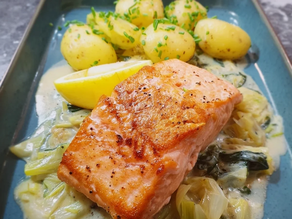 Zartes Gebratenes Seelachsfilet mit Lauch-Sahne-Soße - Bild 1
