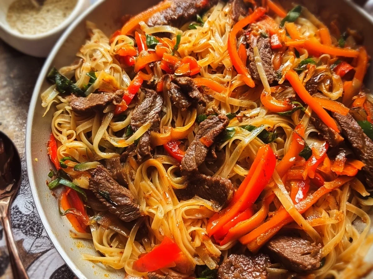Asiatische Reisnudeln mit Rindfleisch & knackigem Gemüse - Beitragsbild