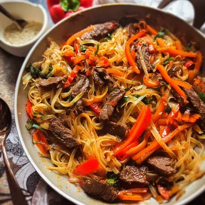 Asiatische Reisnudeln mit Rindfleisch & knackigem Gemüse