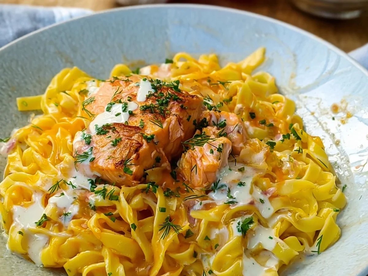 Bandnudeln mit Lachs-Sahnesoße: Schnell & Cremig genießen - Beitragsbild