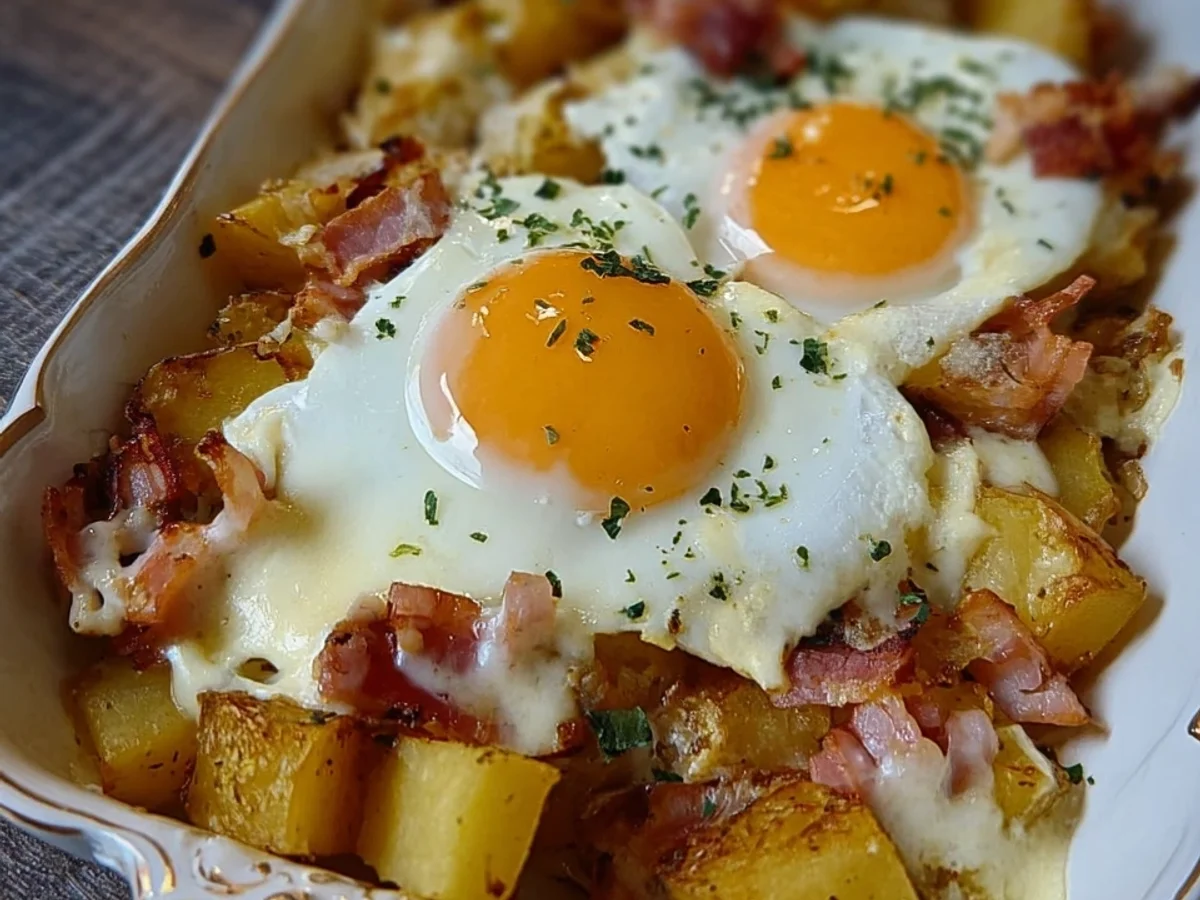 Bratkartoffel Leberkäse Auflauf mit Spiegelei - Beitragsbild