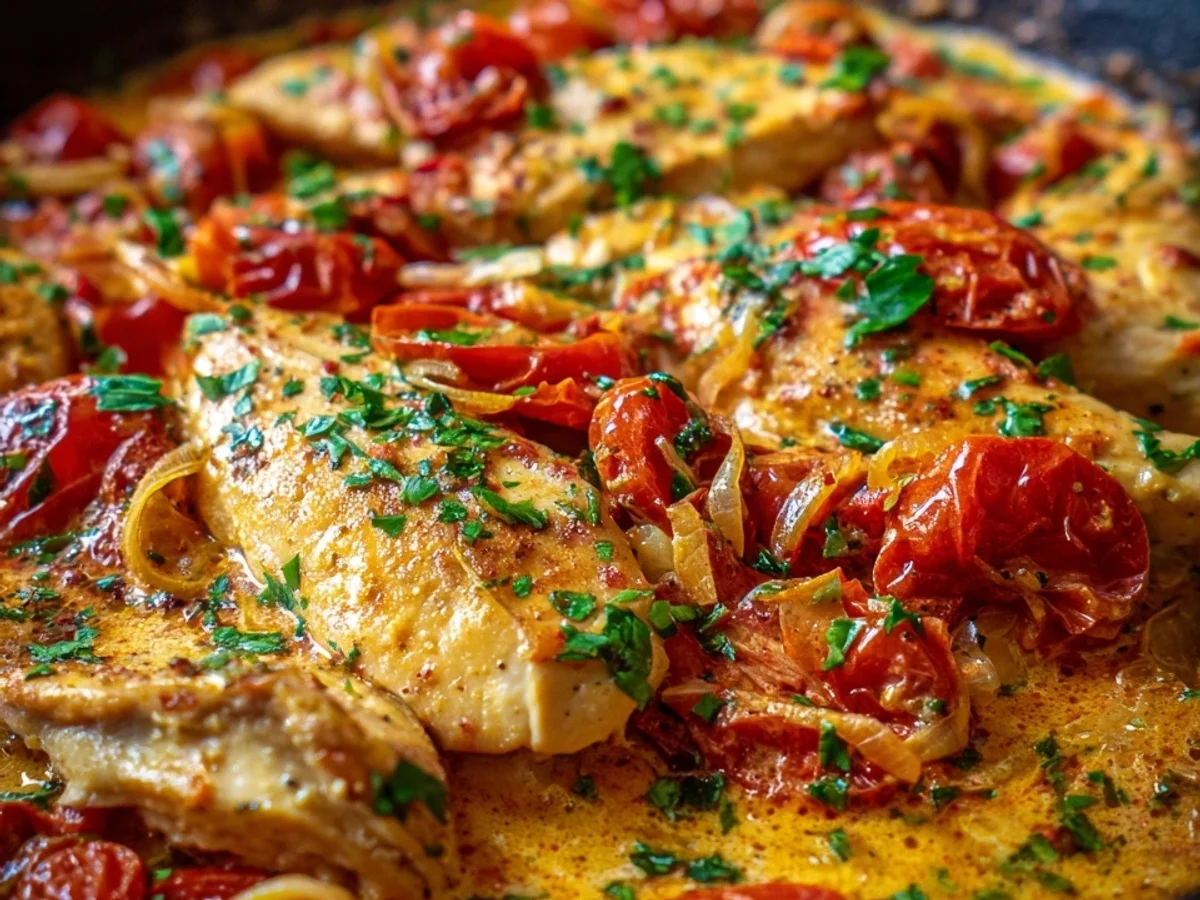 Cremige Hähnchenfilets in Tomaten-Frischkäse-Soße - Beitragsbild