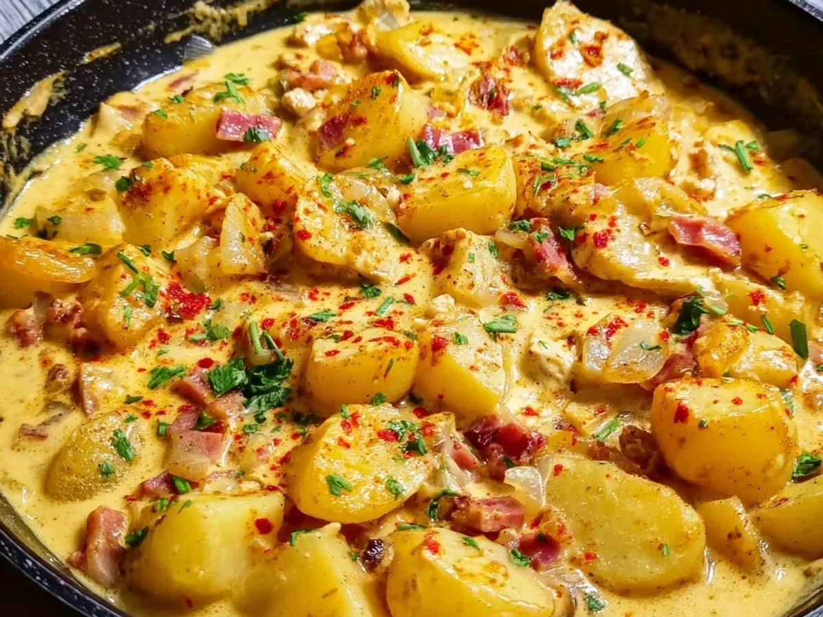 Cremige Kartoffelpfanne mit Putenschinken & Sahnesoße - Beitragsbild
