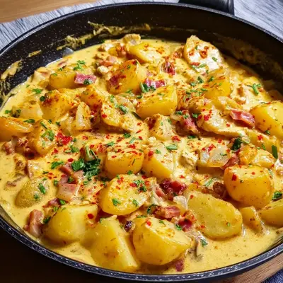 Cremige Kartoffelpfanne mit Putenschinken & Sahnesoße