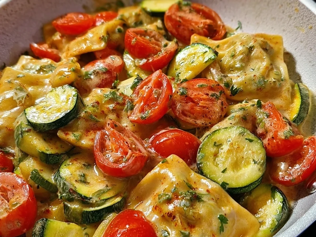 Cremige Maultaschenpfanne mit Zucchini & Tomaten - Beitragsbild