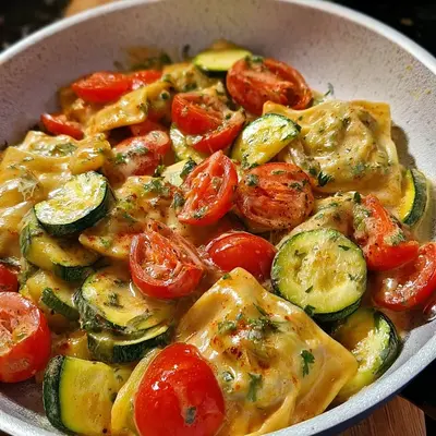 Cremige Maultaschenpfanne mit Zucchini & Tomaten