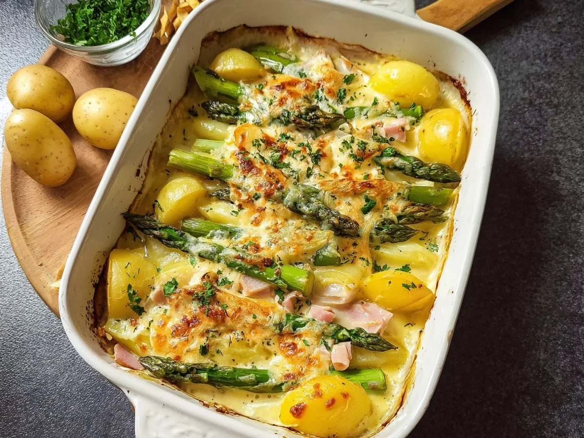 Cremiger Spargelauflauf mit Putenschinken & Kartoffeln - Beitragsbild