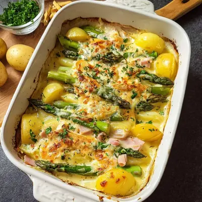Cremiger Spargelauflauf mit Putenschinken & Kartoffeln