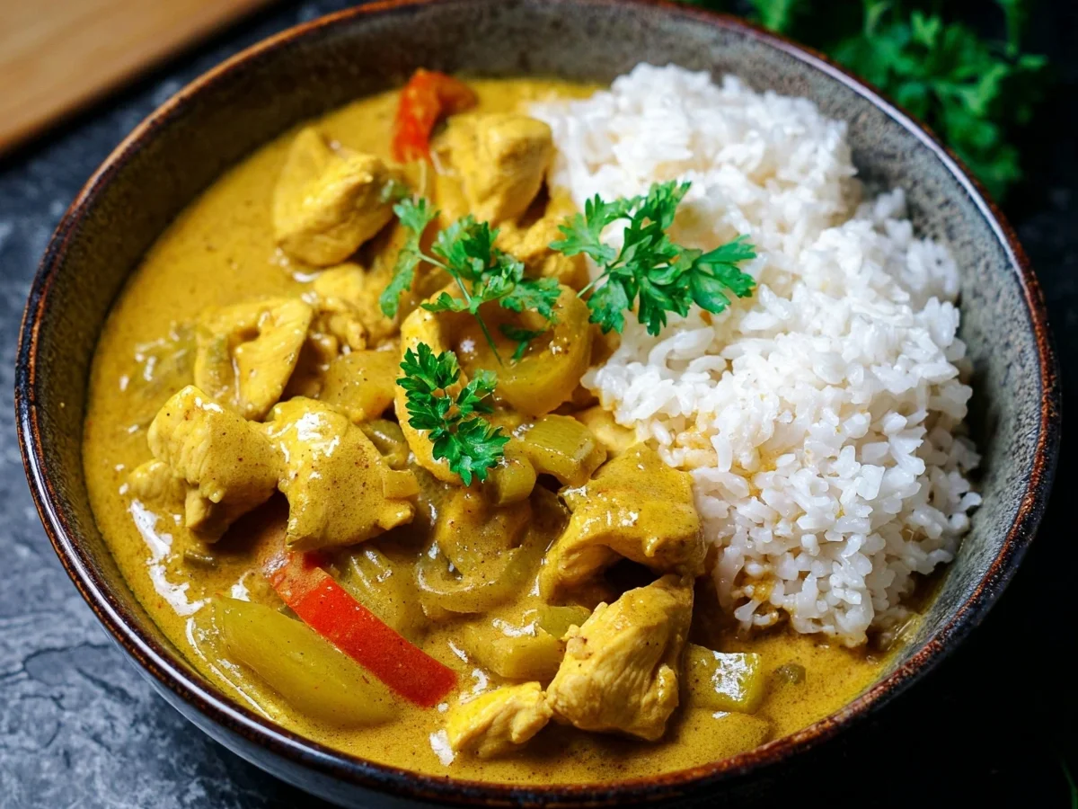 Cremiges Curry-Geschnetzeltes mit Reis Einfach & Lecker - Beitragsbild