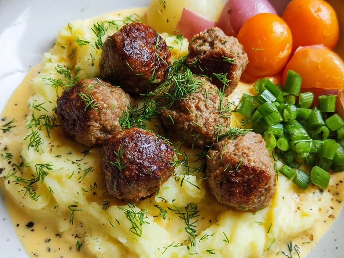 Cremiges Kartoffelpü mit Wikinger Soße & Hackbällchen - Beitragsbild