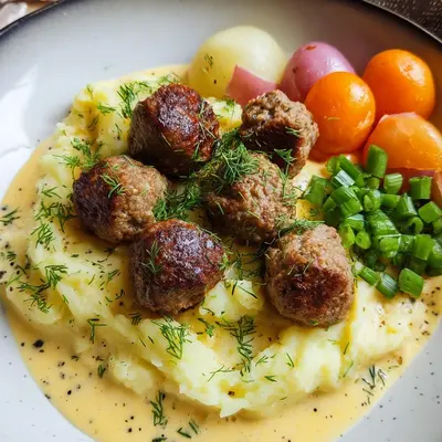 Cremiges Kartoffelpü mit Wikinger Soße & Hackbällchen