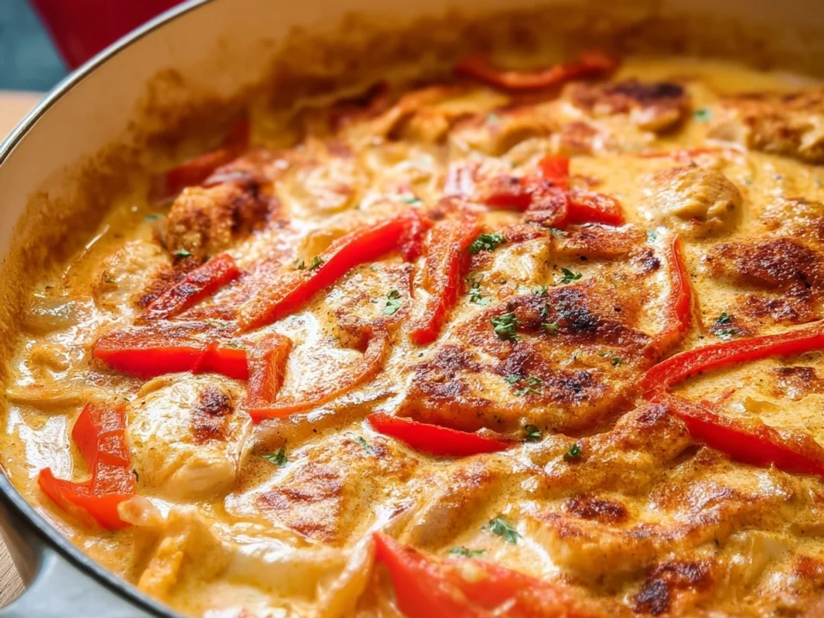 Cremiges Paprika-Sahne-Hähnchen aus dem Ofen - Beitragsbild