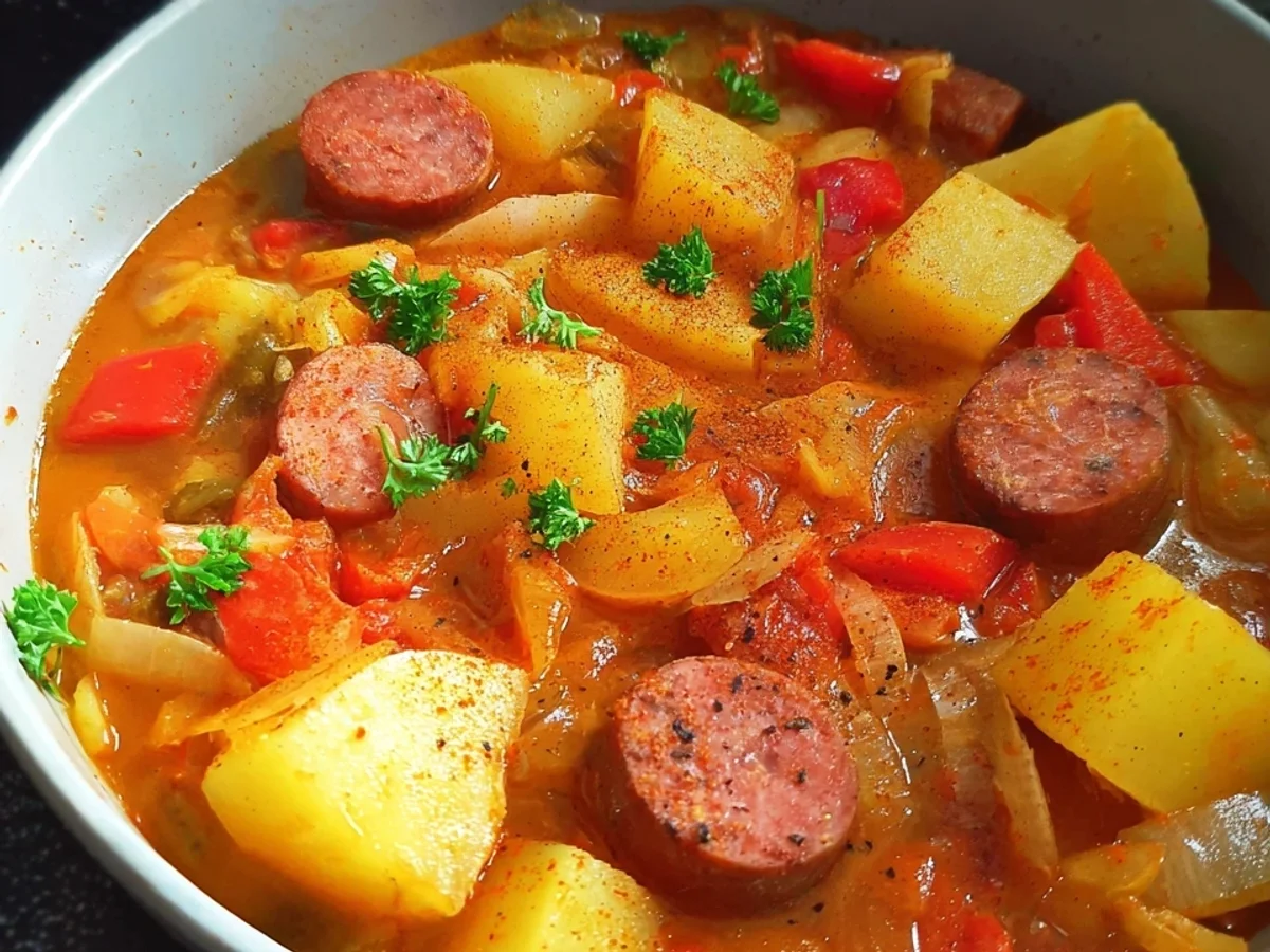 Deutsches Kartoffelgulasch mit Würstchen Herzhaft & deftig - Beitragsbild