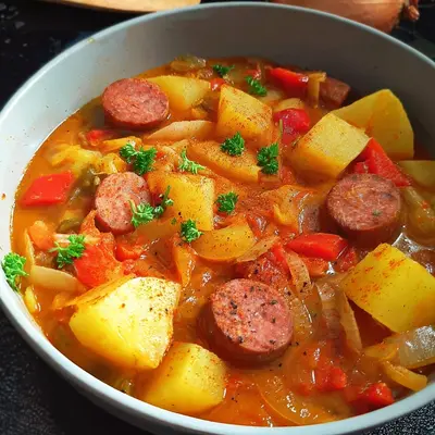 Deutsches Kartoffelgulasch mit Würstchen Herzhaft & deftig