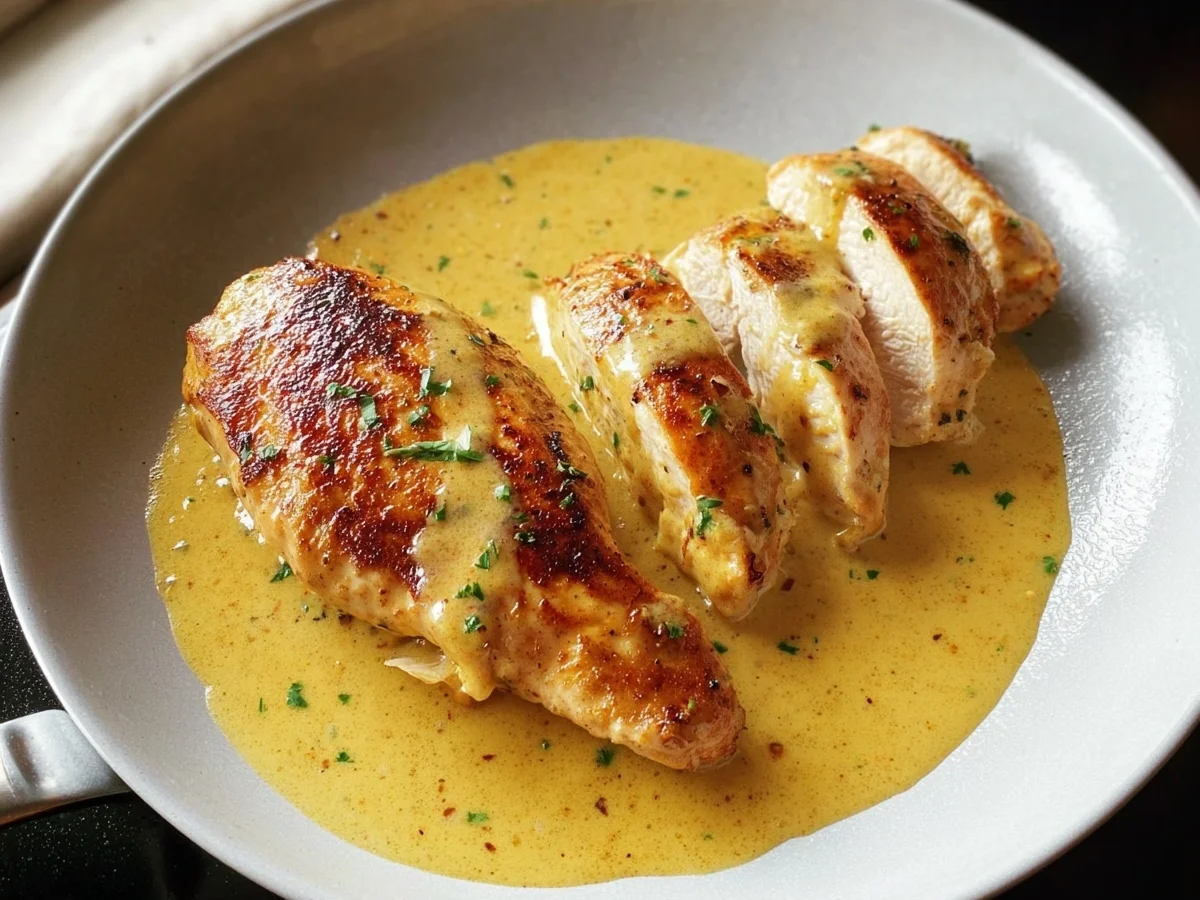 Gebratene Hähnchenbrust mit cremiger Senfsauce - Beitragsbild