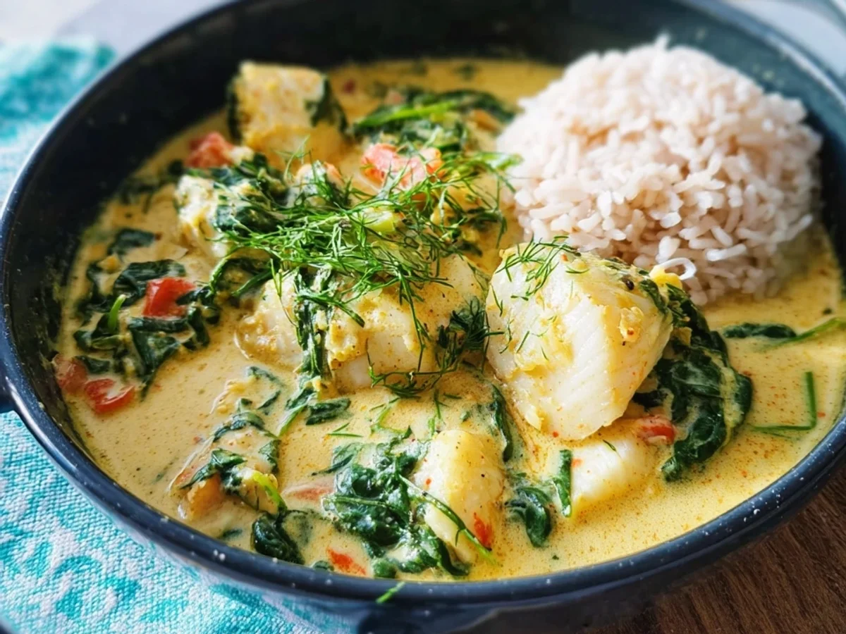 Gelbes Fischcurry mit Spinat und Reis - Beitragsbild