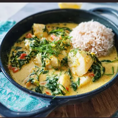 Gelbes Fischcurry mit Spinat und Reis