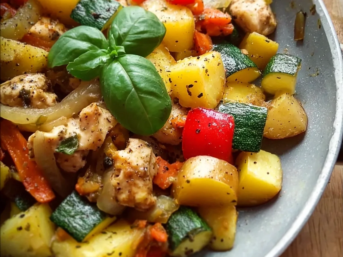 Hähnchen-Kartoffel-Pfanne mit frischem Gemüse - Beitragsbild
