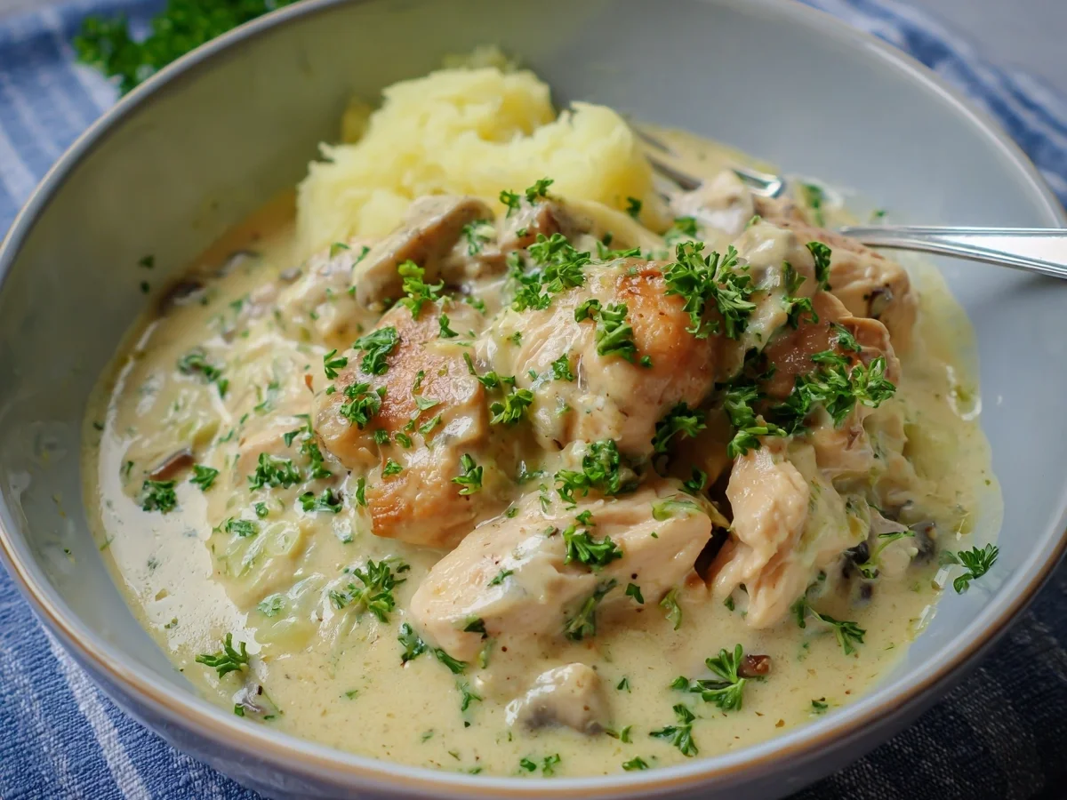 Hähnchengeschnetzeltes in cremiger Frischkäsesauce - Beitragsbild