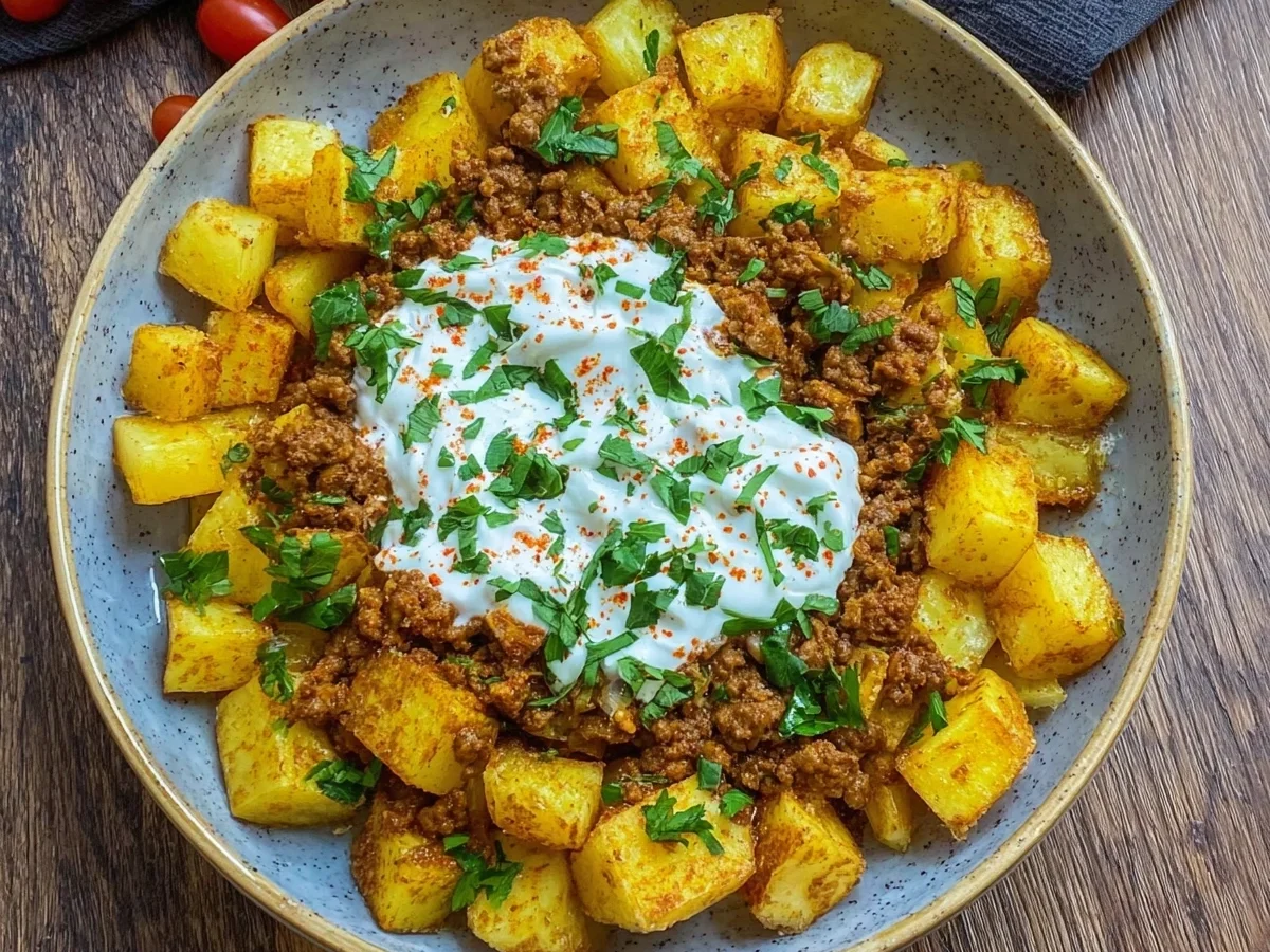 Knusprige Kartoffeln mit Hackfleisch & frischem Joghurt - Beitragsbild