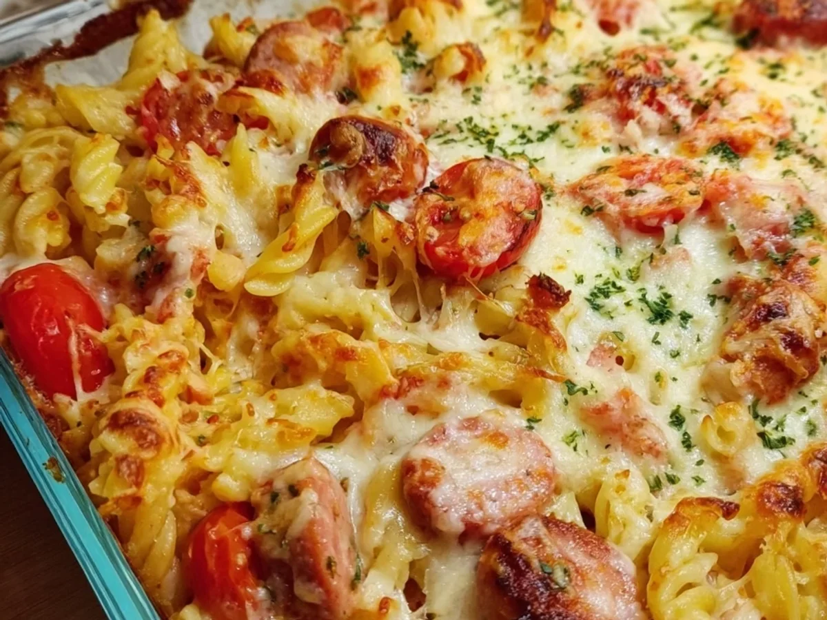 Nudel-Würstchen-Auflauf mit Tomaten & Käsekruste - Beitragsbild