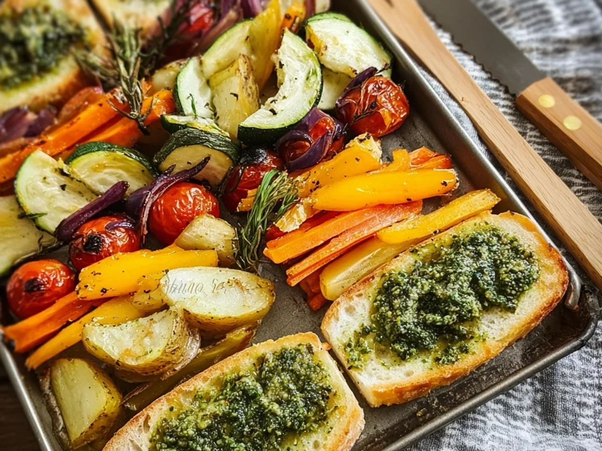 Ofengemüse mit Pesto-Knoblauchbrot: Einfach & Lecker - Beitragsbild
