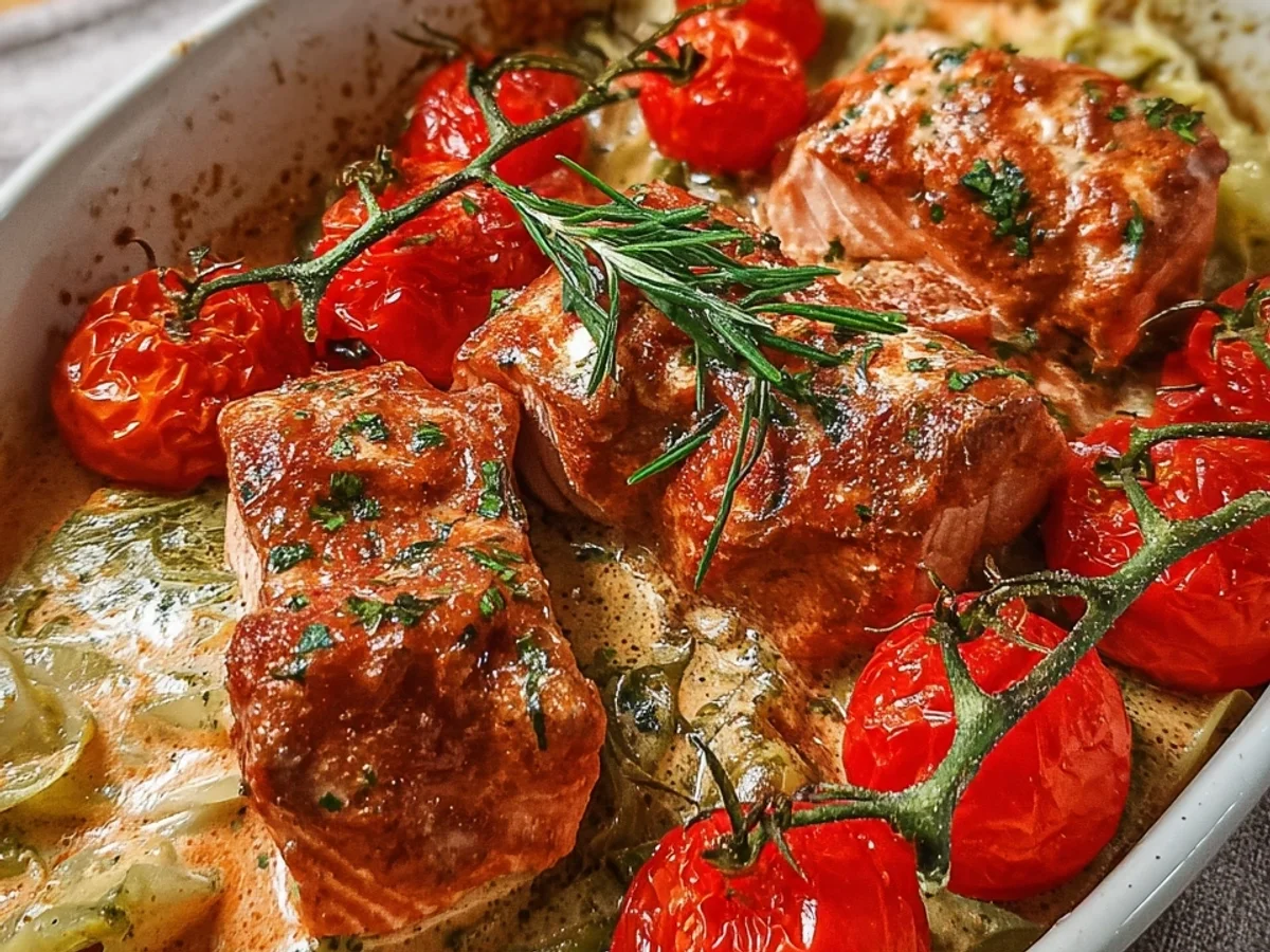 Ofenlachs in Tomaten-Sahnesoße: Schnell & Einfach - Beitragsbild