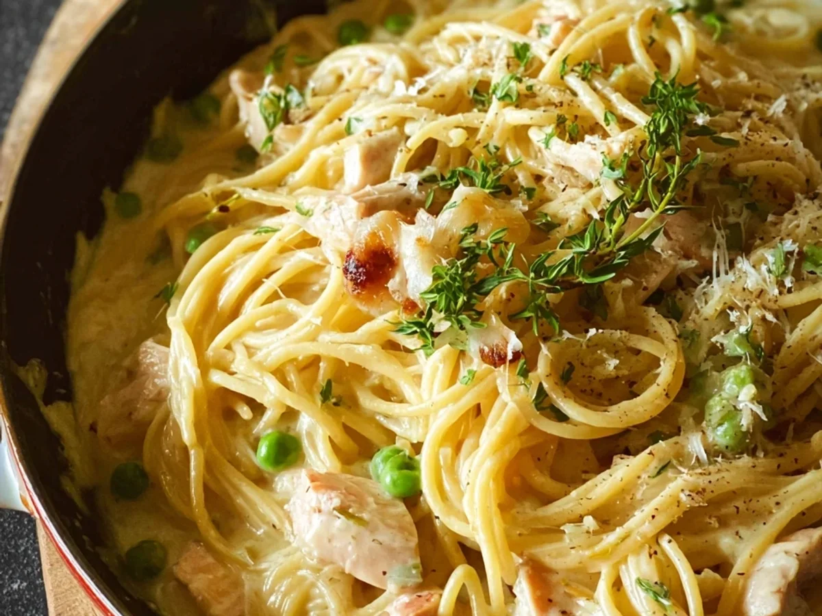 One Pot Spaghetti mit Putenstreifen in cremiger Sahnesoße - Beitragsbild