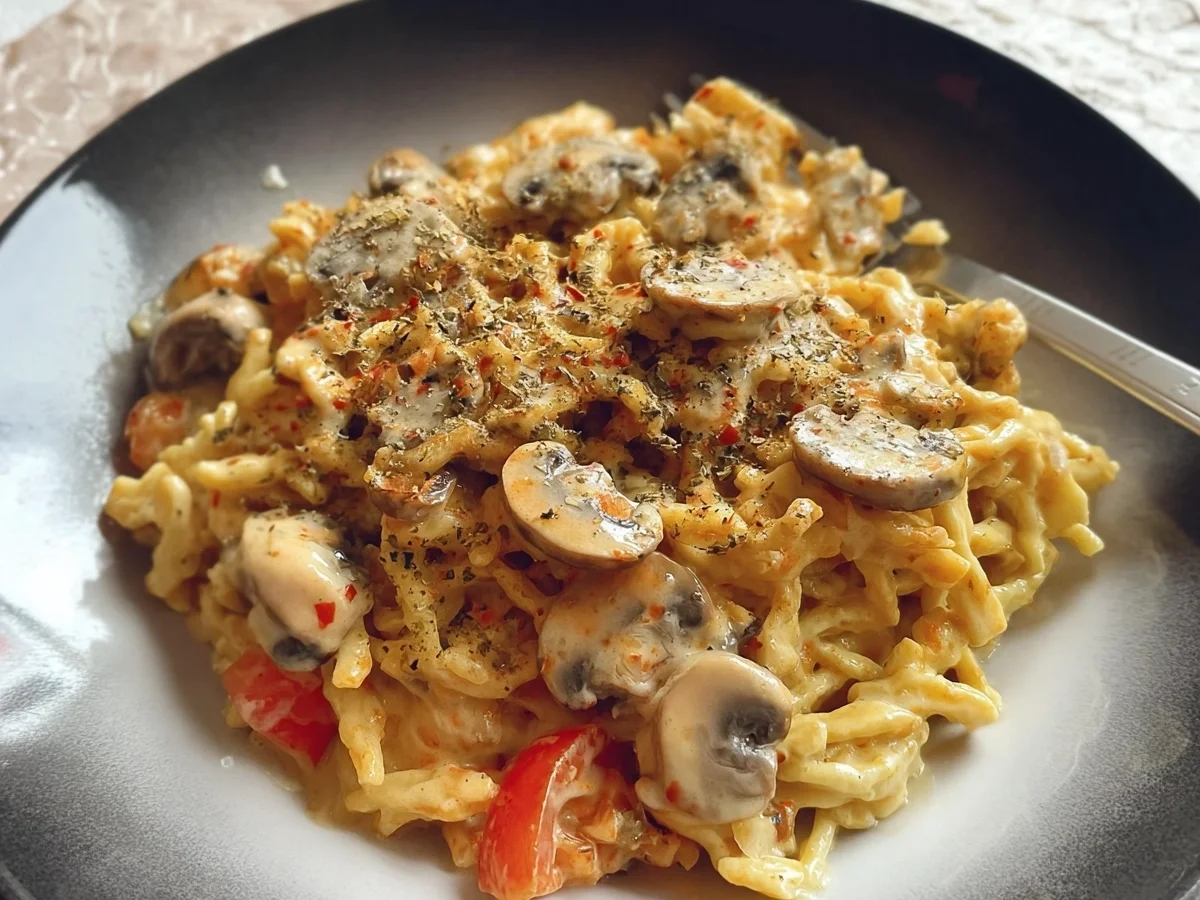 Paprika Spätzle mit Champignons: Einfaches Familienrezept - Beitragsbild