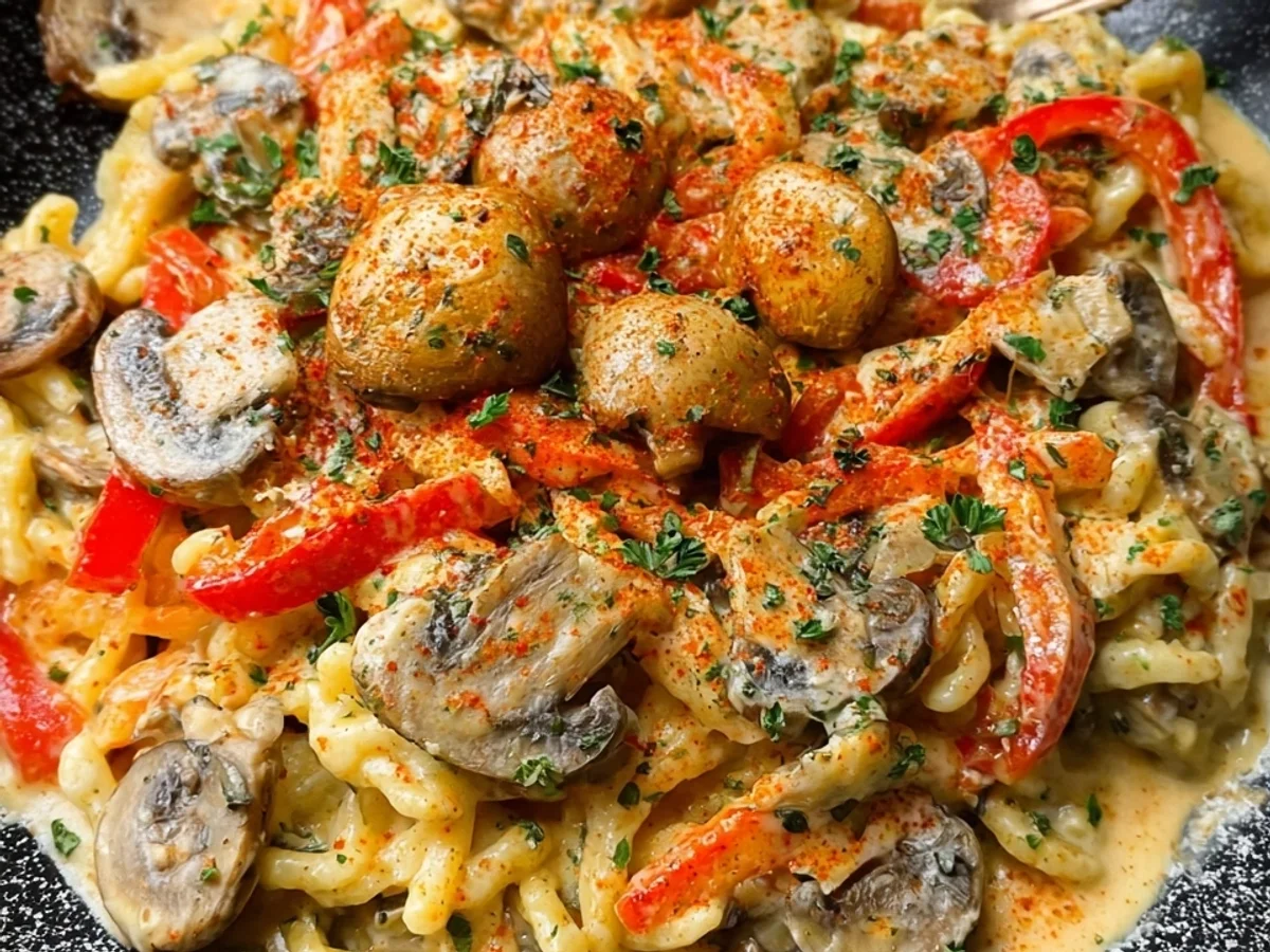 Paprika Spätzle mit Champignons: Herzhaft & schnell - Beitragsbild